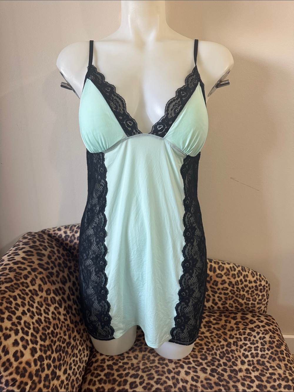 La SENZA Mint & Black Lace Chemise Mini Dress